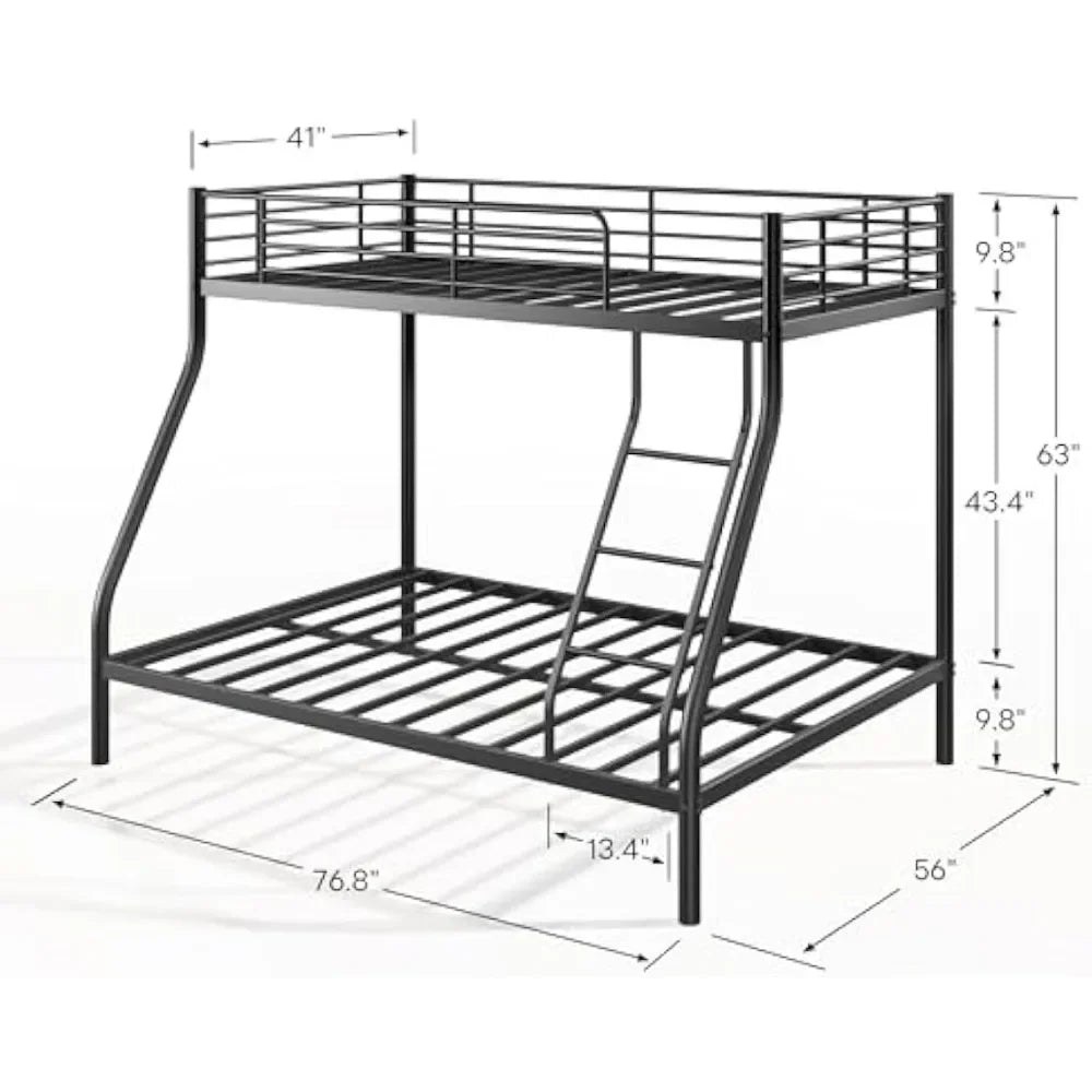 Black Metal Bunk Bed Twin Over Full Size with Ladder & Guardrail