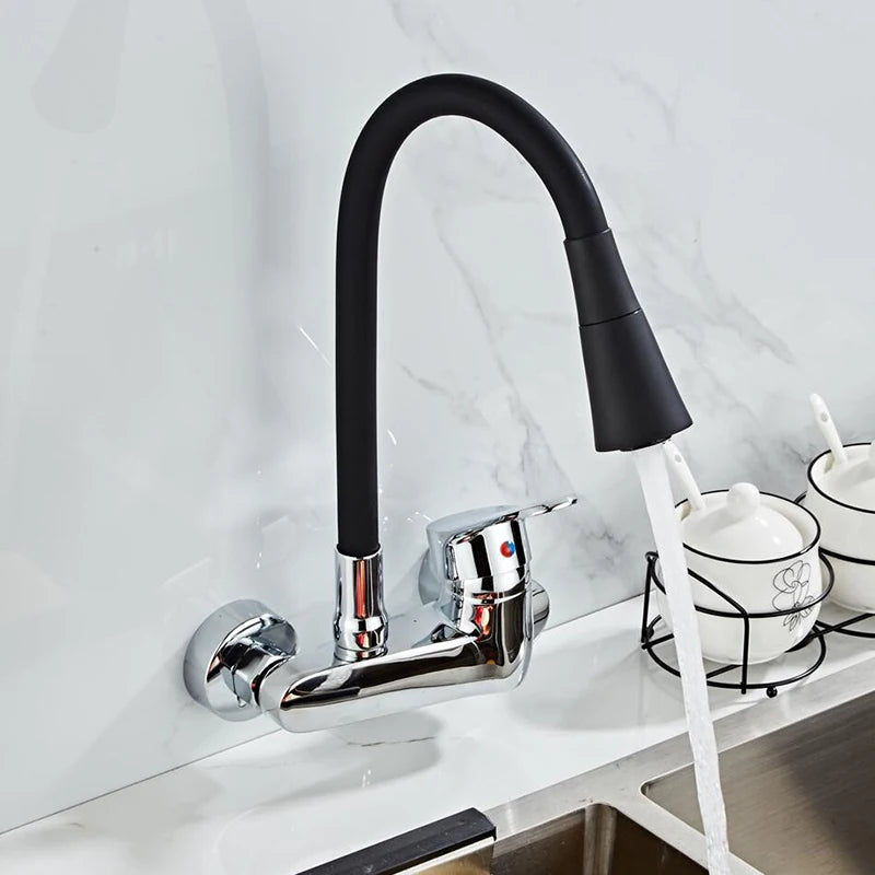 BAKALA RED color Wall Mounted Kitchen Faucet Wall Kitchen Mixers Kitchen Sink Tap 360 Degree Swivel Flexible Hose Double Holes