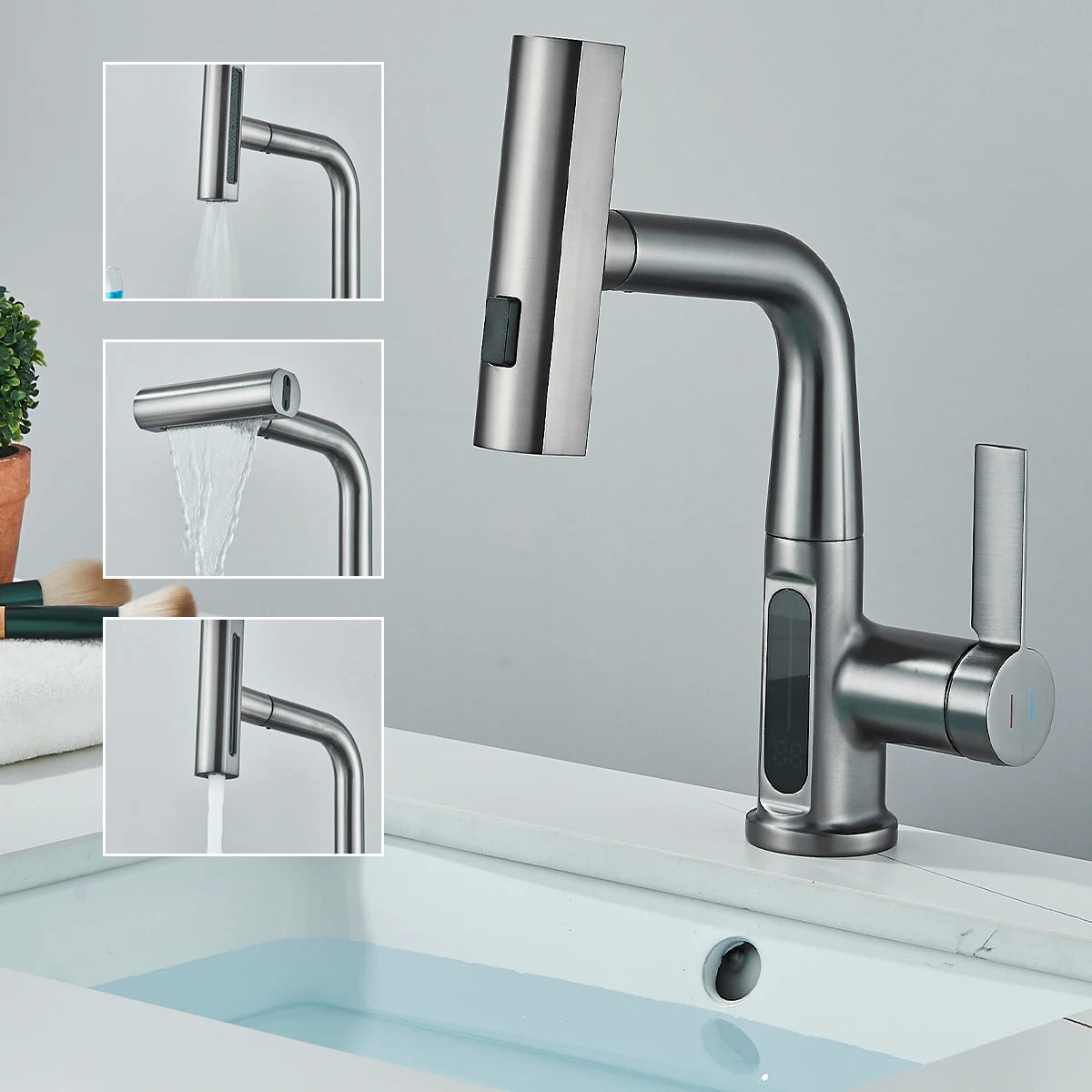 Temperature Digital Display Basin Faucet Pull Out Hot Cold Water Mixer Tap Lift Up Down Stream Sprayer Wash Crane For Bathroom