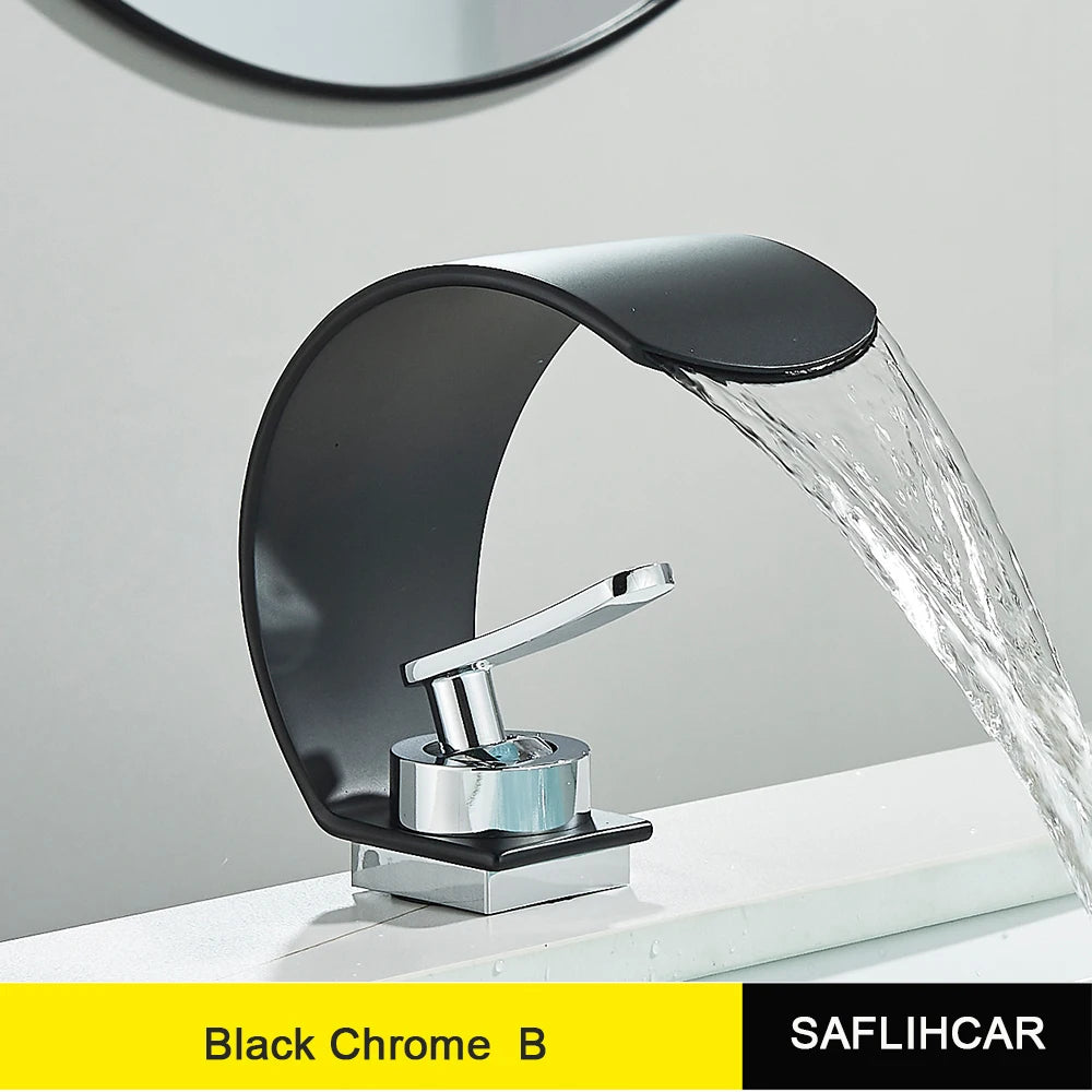 Black Thin style Bathroom Sink Faucet Modern Mixer Hot Cold Water Tap Waterfall Deck Mounted Vessel Sink Faucet