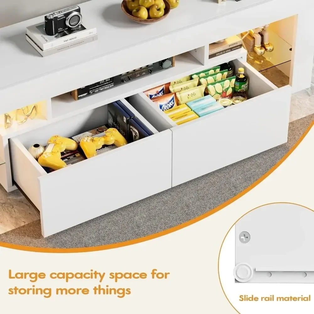 Modern LED TV Stand for Televisions up to 70 Inch with Glass Shelves and Drawer