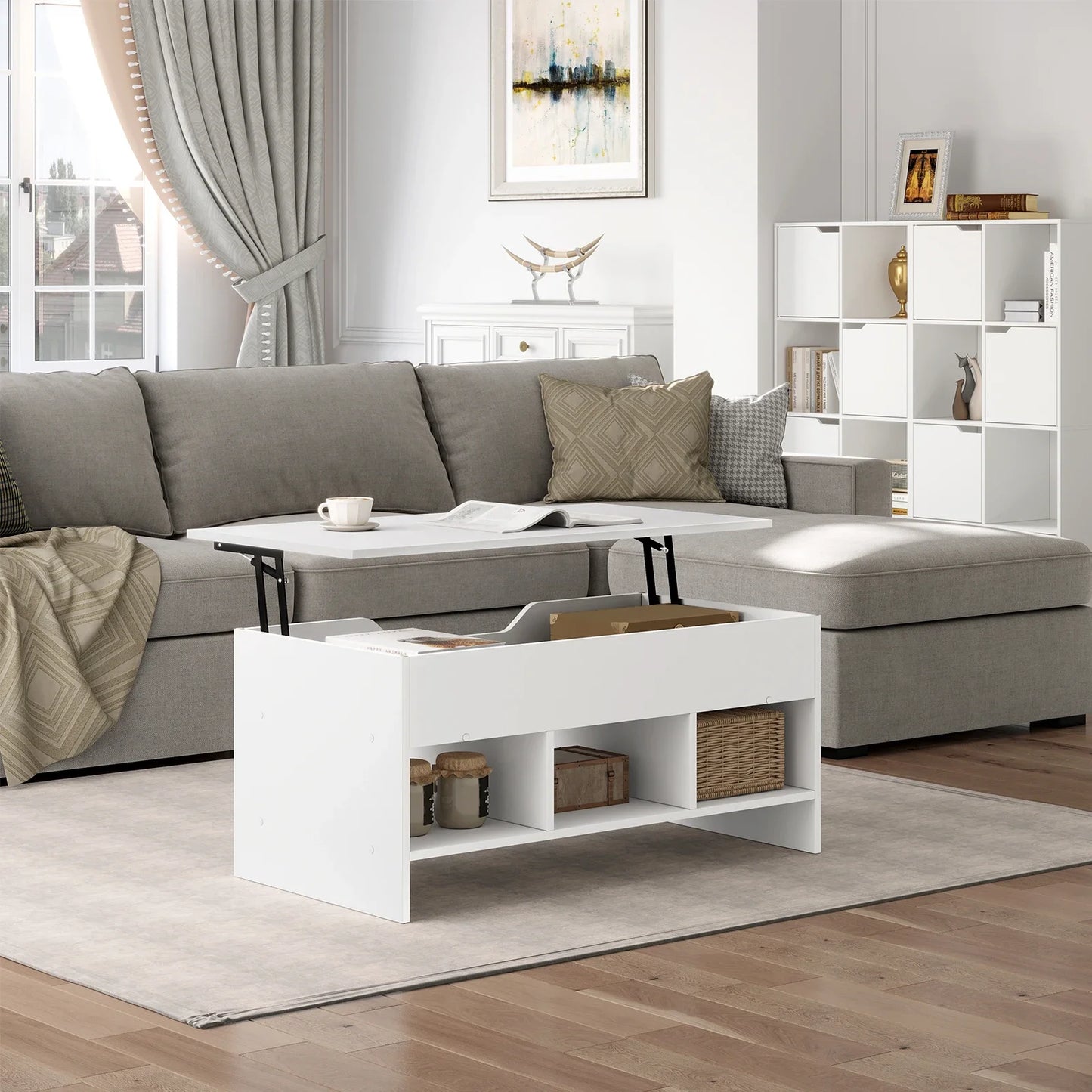 Liftable Coffee Tea Table with Storage White Side Table Height-adjustable Rectangular Sofa Table for Living Room Bedroom