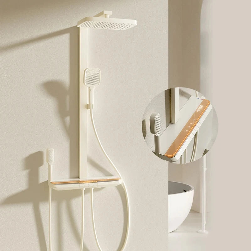 Milk White Shower Thermostat Shower Set Home Digital Display Shower Fine Copper Bath Pressurized Bathroom Shower Nozzle