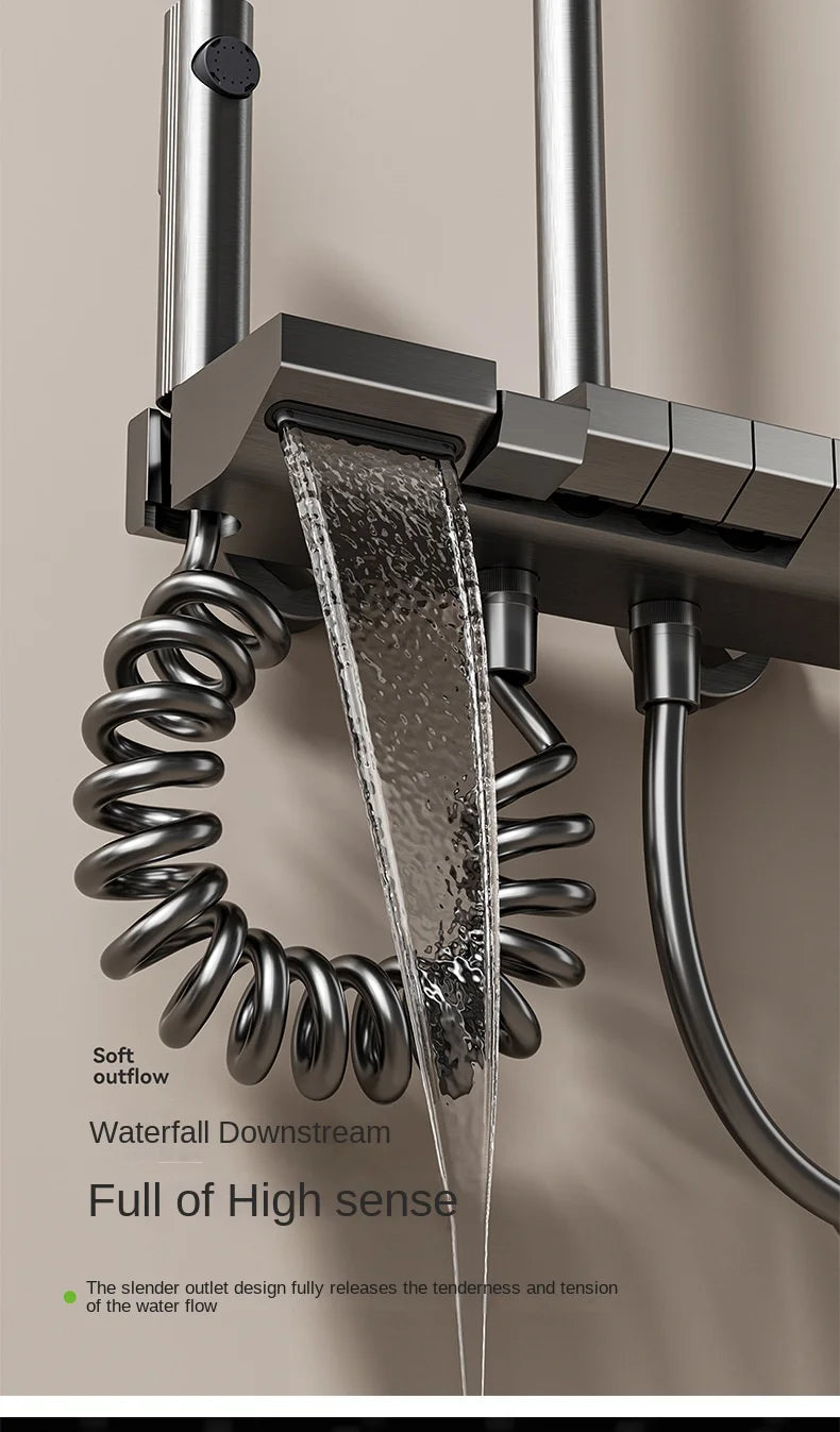 Space Aluminum Shower System,LED display Matte Gray Pressurized Shower Bath Shower Set Home Bathroom Drizzle System Set