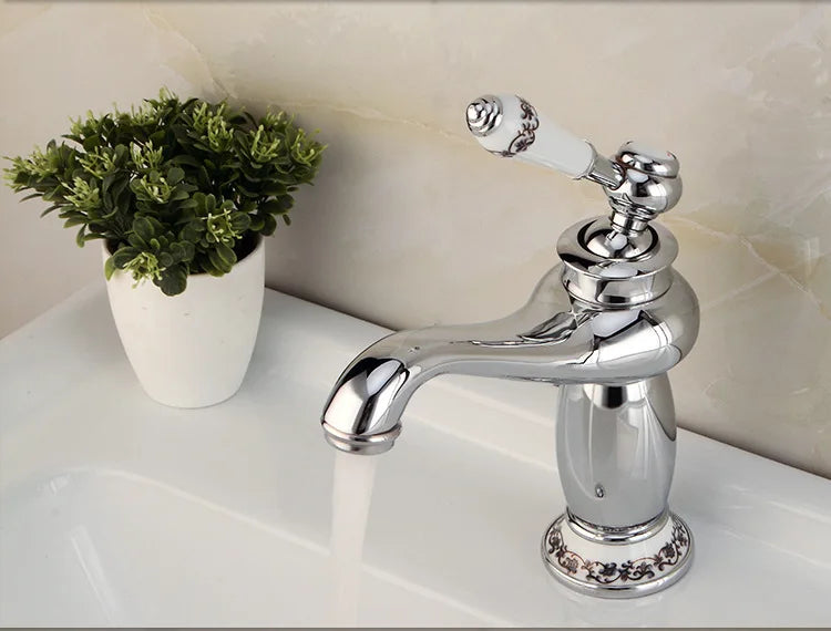 Retro European Bathroom Basin Faucets Gold Mixer Tap Ceramic Decoration Plating Chrome Single Handle Hot And Cold Deck Mounted