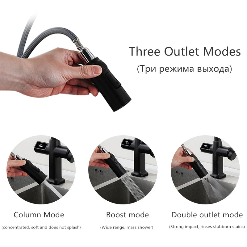 OXG Black Kitchen Faucet Gourmet Faucet Kitchen Pull Out Kitchen Sink Faucet Digital Display Function Rotatable Kitchen Taps