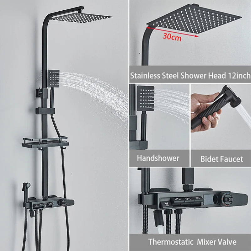 Black Thermostatic Digital Display Shower Faucet Set Rainfall Shower Column Wall Mounted Bathtub Tap With Shelf and Bidet