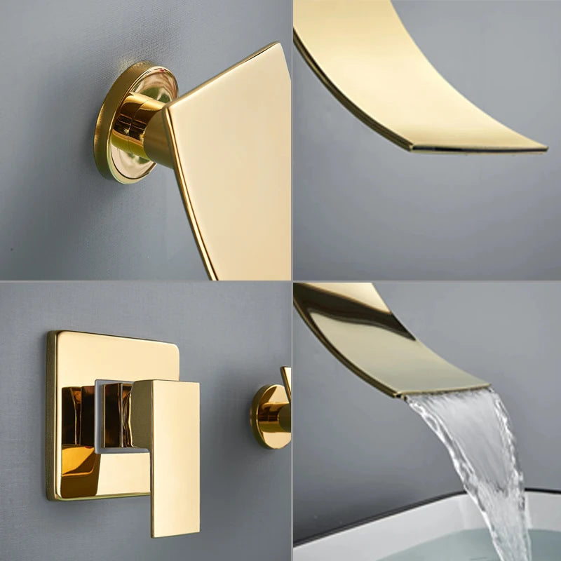 Shinesia Waterfall Bathroom Faucet Concealed Wall Mounted Bathroom Sink Mixer Tap Single Lever Wash Basin Faucets Gold/Black