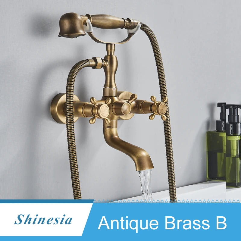 Shinesia Antique Brass Bathtub Shower Faucets Set Wall Mounted Bathroom Faucet With Shower Golden Bath Mixer