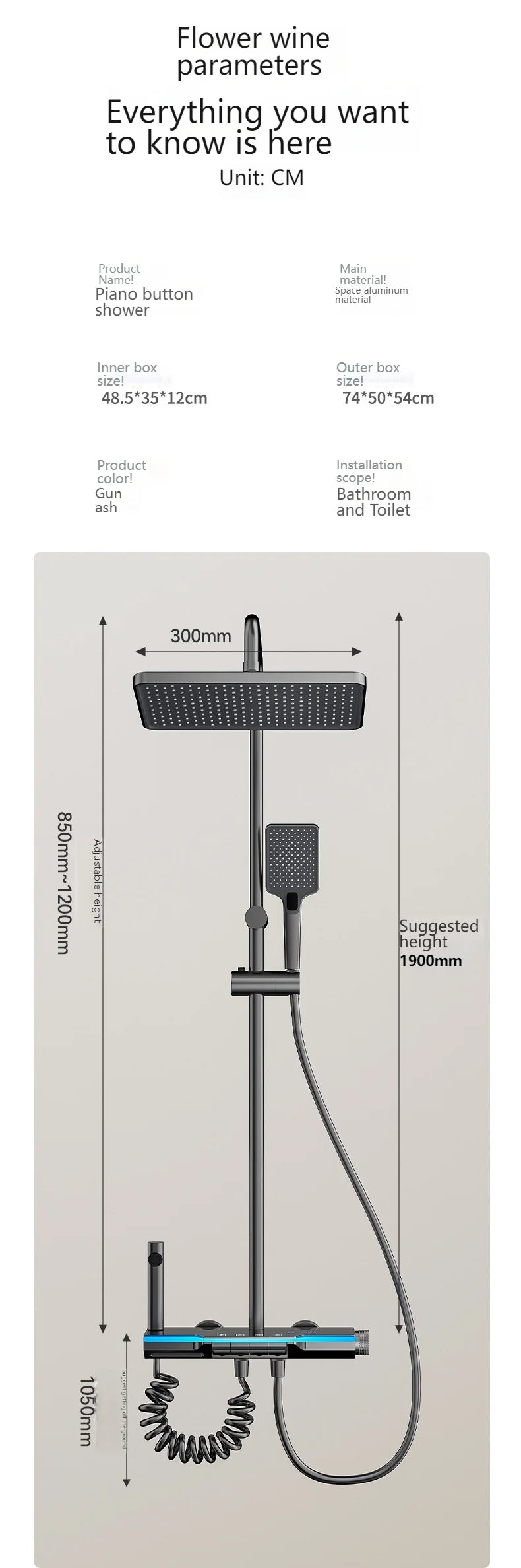 Grey Shower Set Ambient Light Shower System with Digital Display