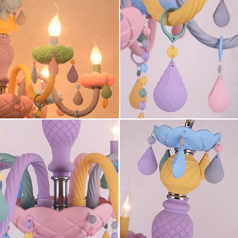 Modern Romantic Rainbow Crystal Chandelier European Candle lustres Children's Makaron Girl Princess Pendant Lamps Light Fixtures