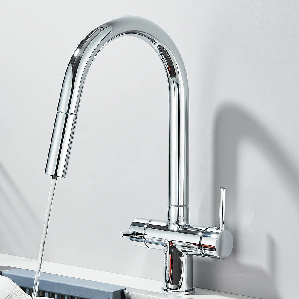 Filtered Kitchen Sink Faucet With Retractable Sprayer Brass Water Filter Tap Drinking Water Tap Vessel Sink Mixer For Kitchen