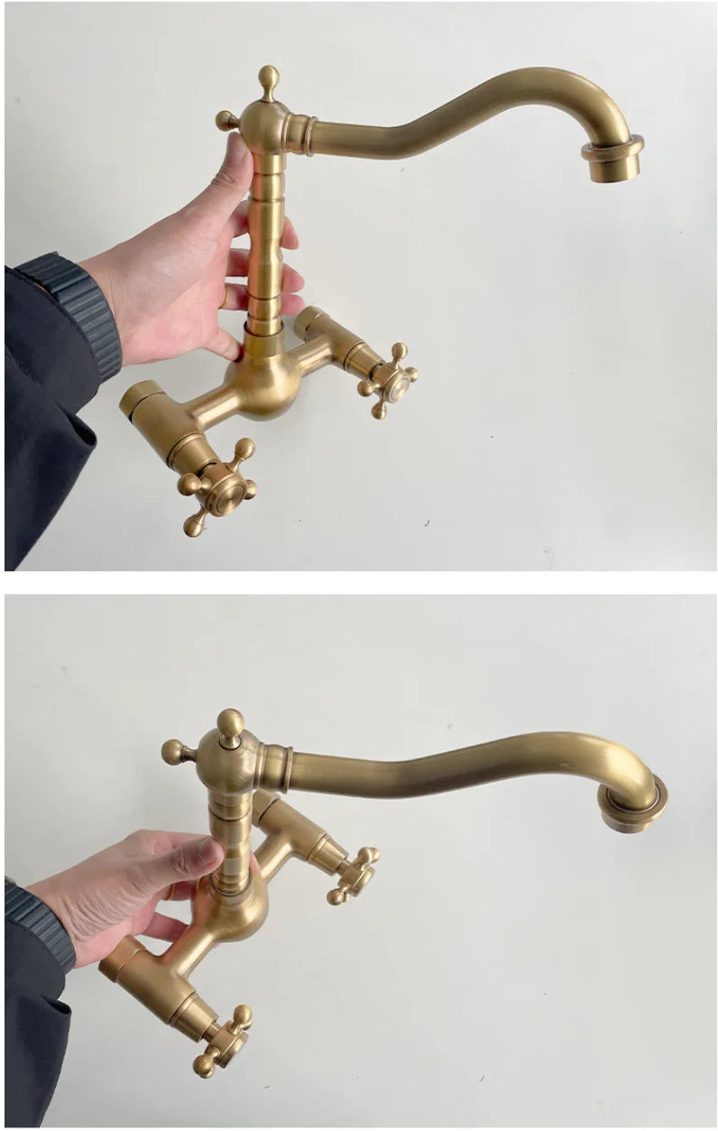 Antique brass ceramic into the wall faucet bathroom washbasin basin wall mount double handle cold and hot water faucet
