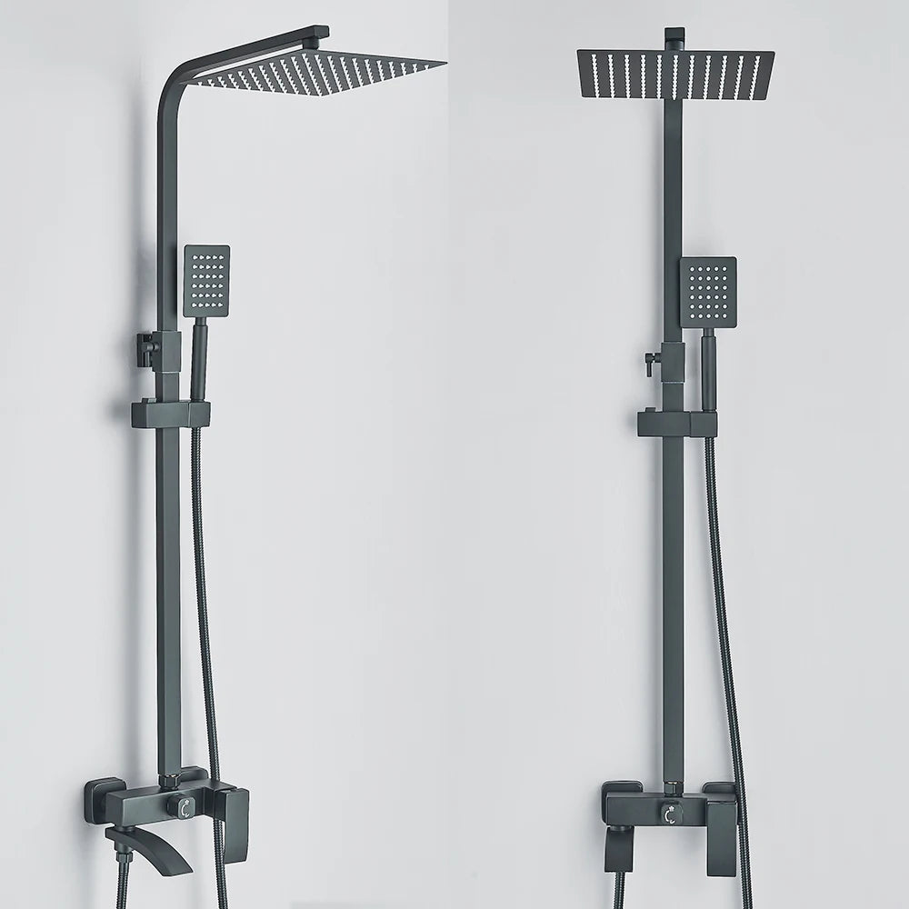 Matte Black Rainfall Shower Faucet Set 8/10/12 Inch Showerhead High Pressure Stainless Steel Rotate Spout Bath Shower Mixer