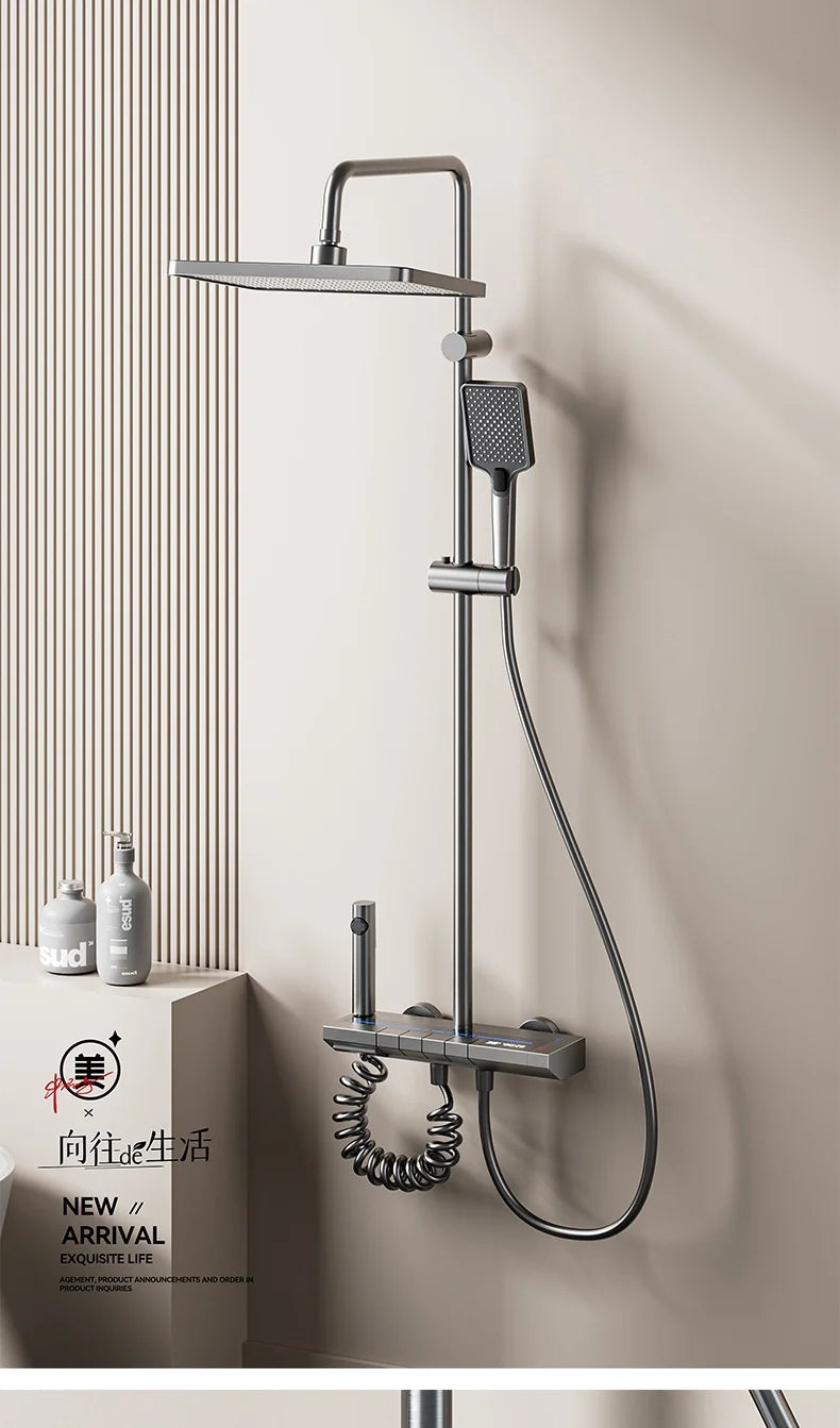 Space Aluminum Shower System,LED display Matte Gray Pressurized Shower Bath Shower Set Home Bathroom Drizzle System Set