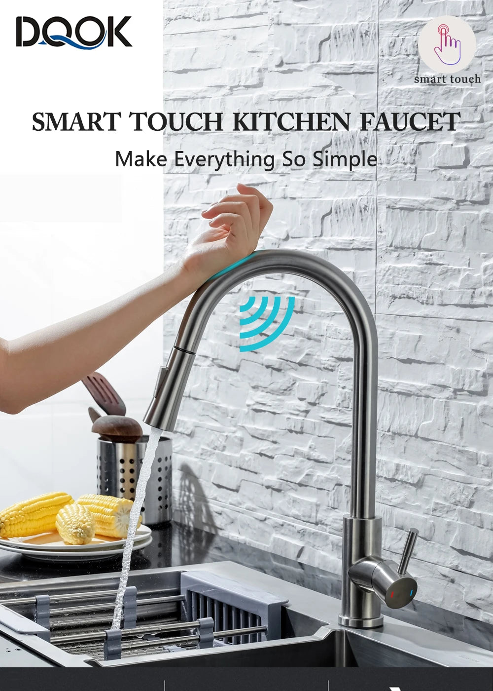 DQOK Kitchen Faucet Pull Out Brushed Nickle Sensor Stainless Steel Black Smart Induction Mixed Tap Touch Control Sink Tap