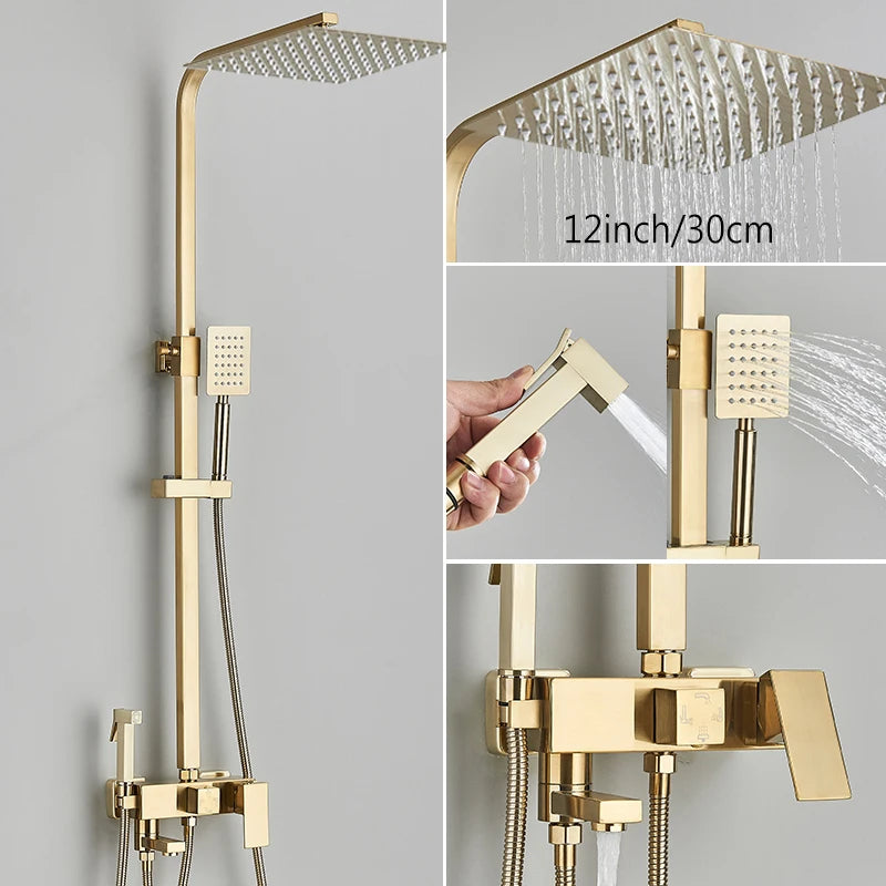 Brushed Golden Shower Faucet Bathroom Rainfall Shower Set Wall Mount