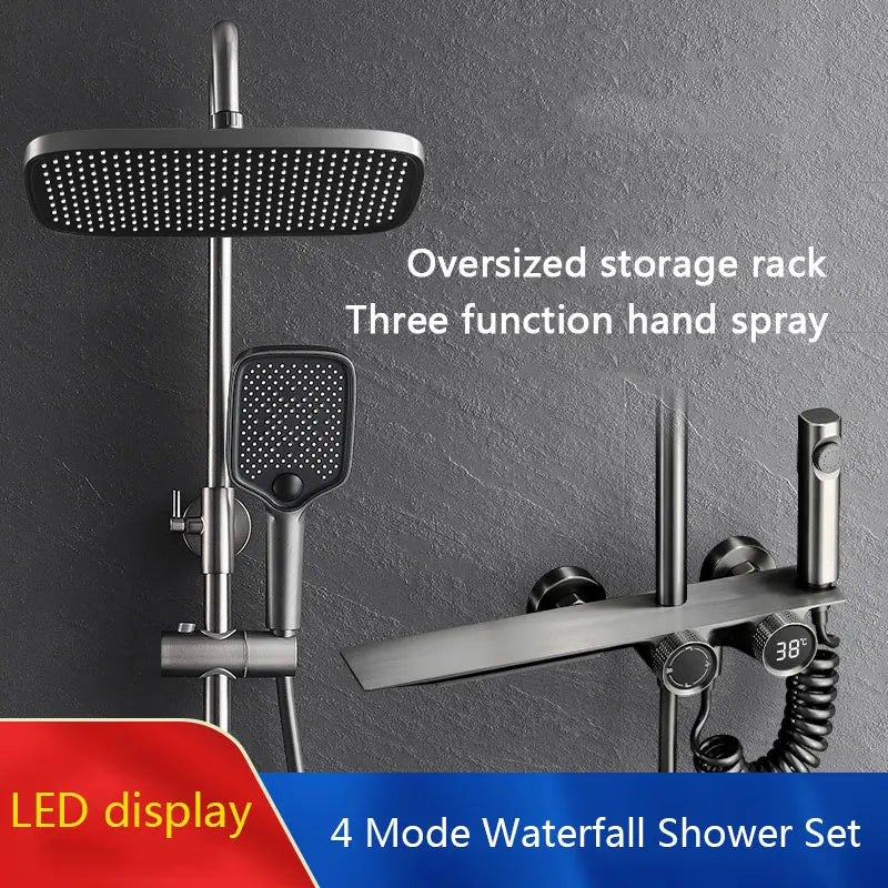 Wall-Mounted Waterfall Shelf Bathroom Mixer Faucet Digital Display Shower Set,Copper Bathroom Showers Sets Bathroom Accessories