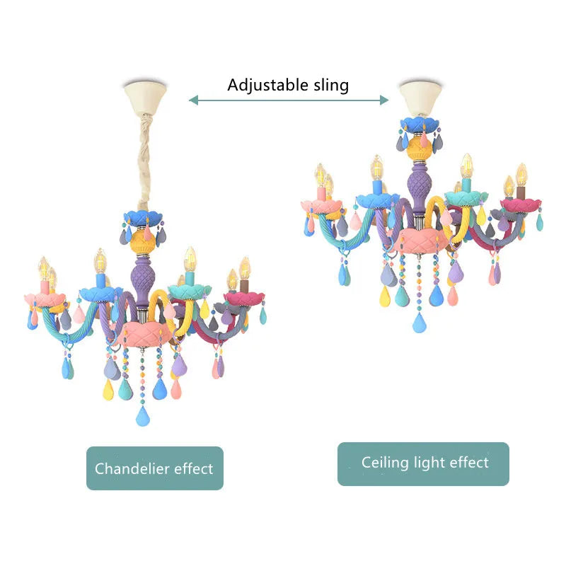 Modern Romantic Rainbow Crystal Chandelier European Candle lustres Children's Makaron Girl Princess Pendant Lamps Light Fixtures