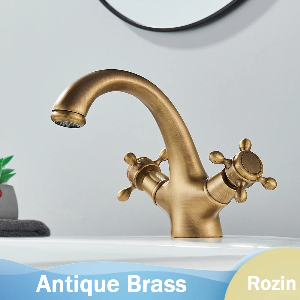 Rozin Dual Handle Basin Vessel Sink Faucet Deck Mounted Antique Brass Bathroom Washing Basin Faucet Hot and Cold Water Mixer Tap
