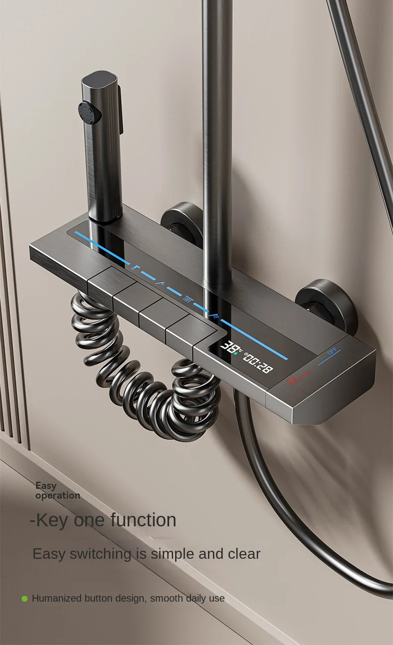 Space Aluminum Shower System,LED display Matte Gray Pressurized Shower Bath Shower Set Home Bathroom Drizzle System Set