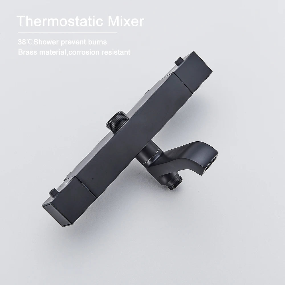 Black Thermostatic Shower Faucet Set 38℃ Rainfall Shower Mixer Crane Multifunctional Bathroom Faucet Bathtub Tap With Shelf
