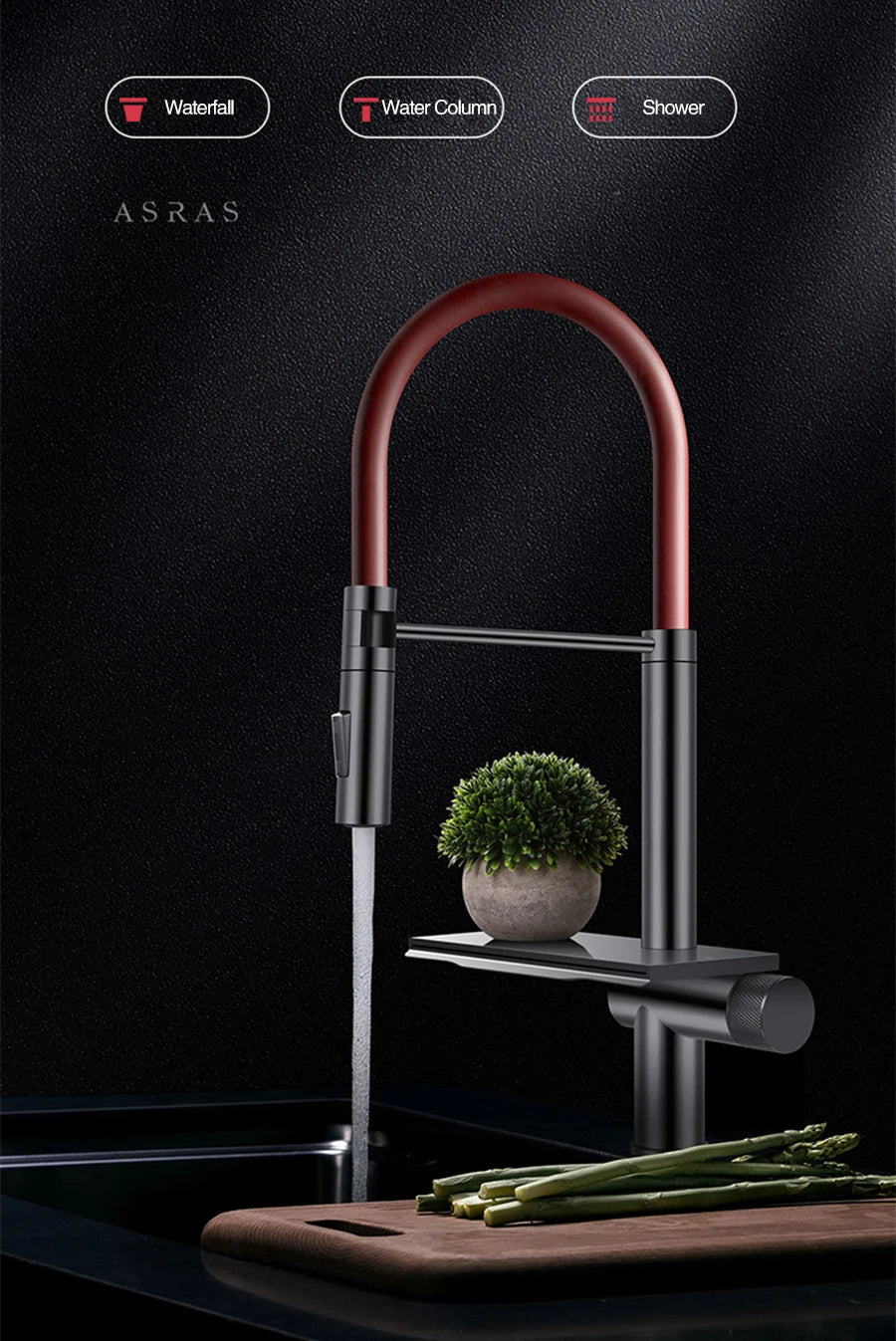 ASRAS Flying Rain Waterfall Faucet Hot And Cold Water Kitchen Faucet Single Handle Switch Pull Out 360 Degree Kitchen Mixer Tap