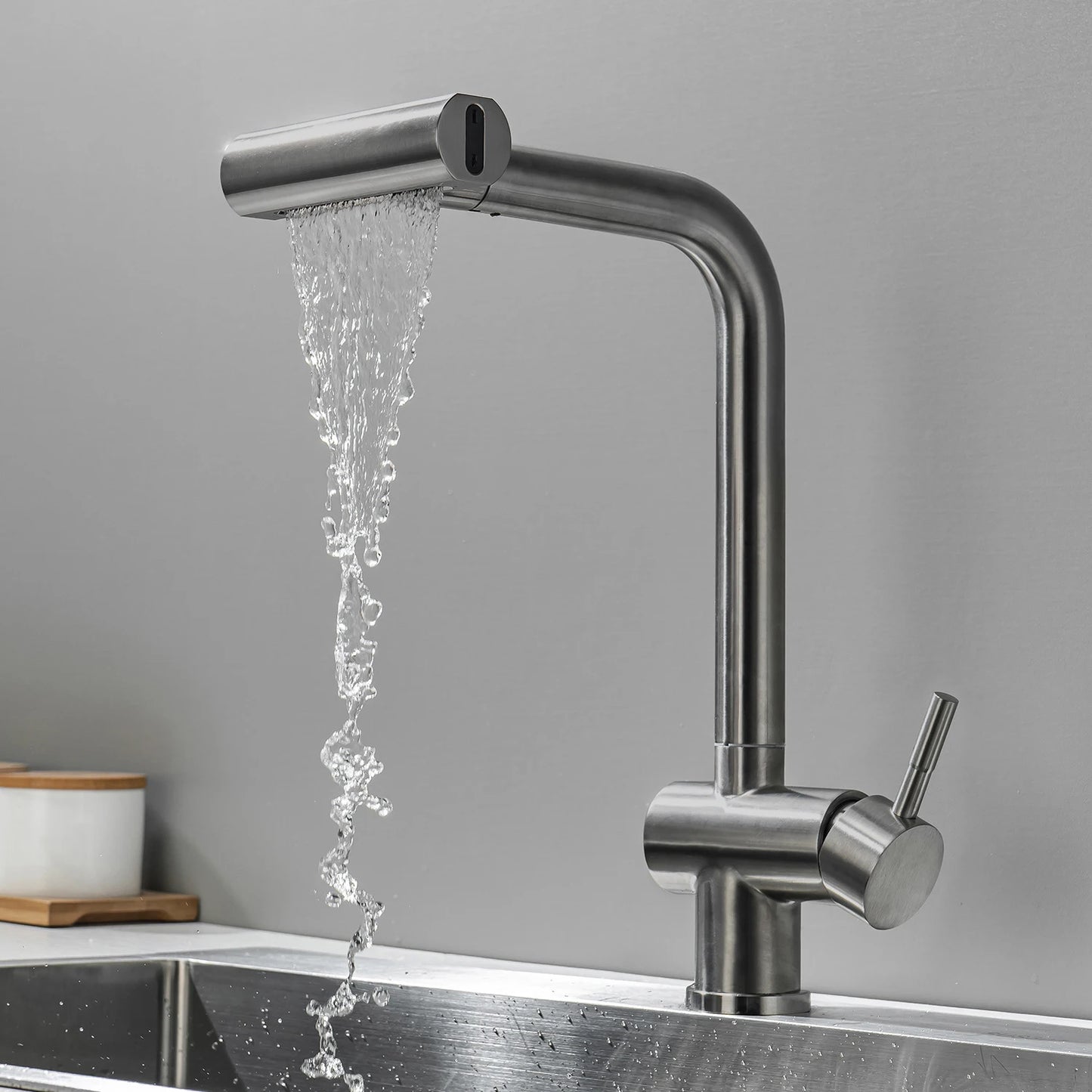 Waterfall White Kitchen Faucet 360 ° Rotation Cold and Hot Deck Mounted Pull Out Sink Multiple Water Outlet Methods Tap