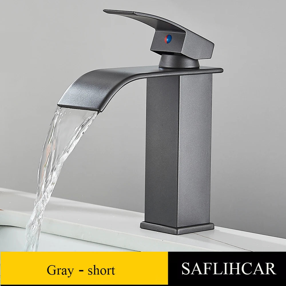 Brushed Gold Basin Sink Faucet Waterfall Outlet Vanity Hot Cold Mixer Tap Deck Mount Taps Washbasin Faucet for Bathroom