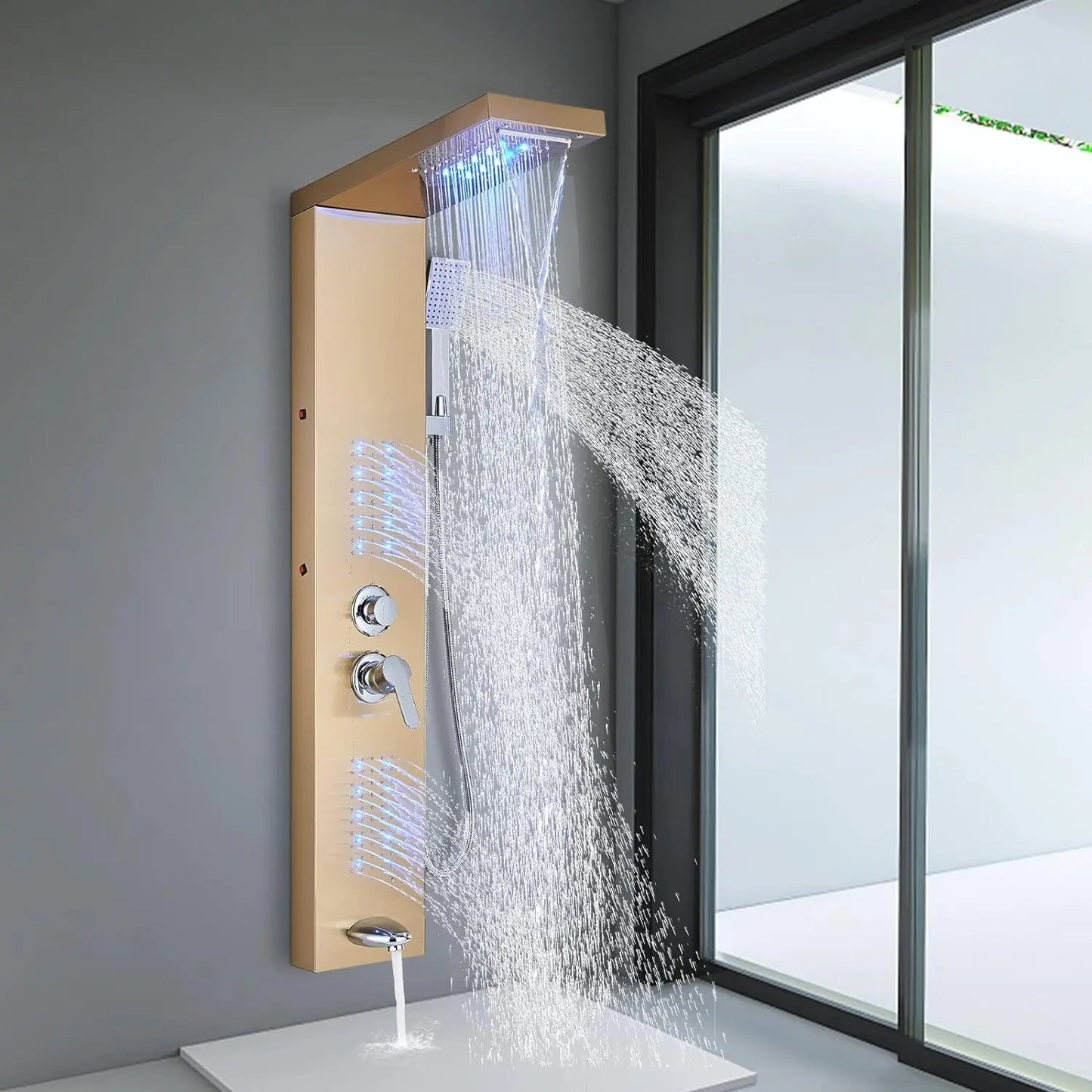 OUIO Brush LED Shower Panel Column Shower Faucet Bathtub Mixer Tap With Massage Body Spa Hand Shower Temperature Screen Set