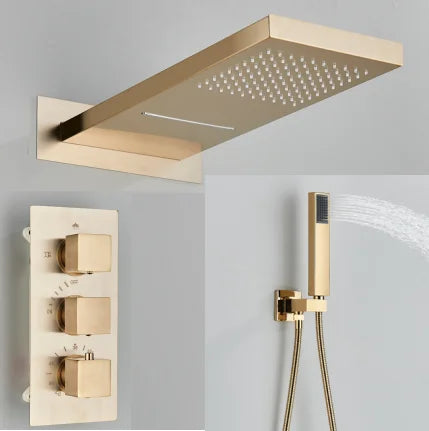 Modern Bathroom Rain Waterfall Shower Set Thermostatic Mixer Bath Shower Mixer Tap Brass Body