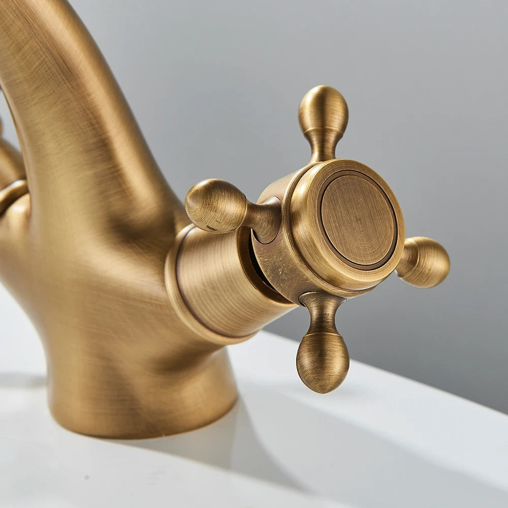 Rozin Dual Handle Basin Vessel Sink Faucet Deck Mounted Antique Brass Bathroom Washing Basin Faucet Hot and Cold Water Mixer Tap