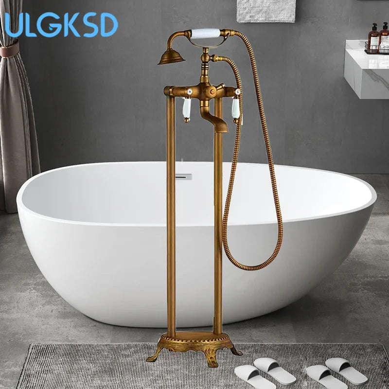 Floor Standing Double Tube Double Handle Bathtub Faucet Set for Bathroom With Rainfall Handshower Tub Faucet Freestanding Crane