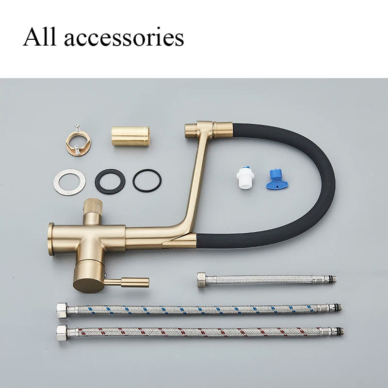 Brushed Golden Kitchen Sink Faucet Pure Water Filter Mixer Crane Dual Handle Pull Down Purification Kitchen Hot Cold Water Tap