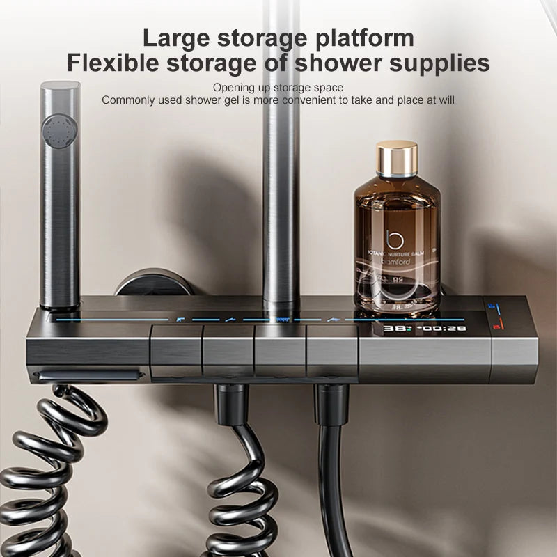 Space Aluminum Shower Set Gray Shower System Set Digital Display Piano Button With Ambient Light Bathroom Faucets Shower Head