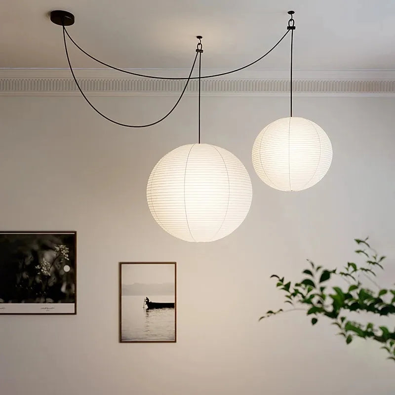 Nordic Wabi Sabi Wind Round Rice Paper Led Pendant Lights Living Dining Room Bedroom Loft Restaurant Bar Home Decor Chandelier