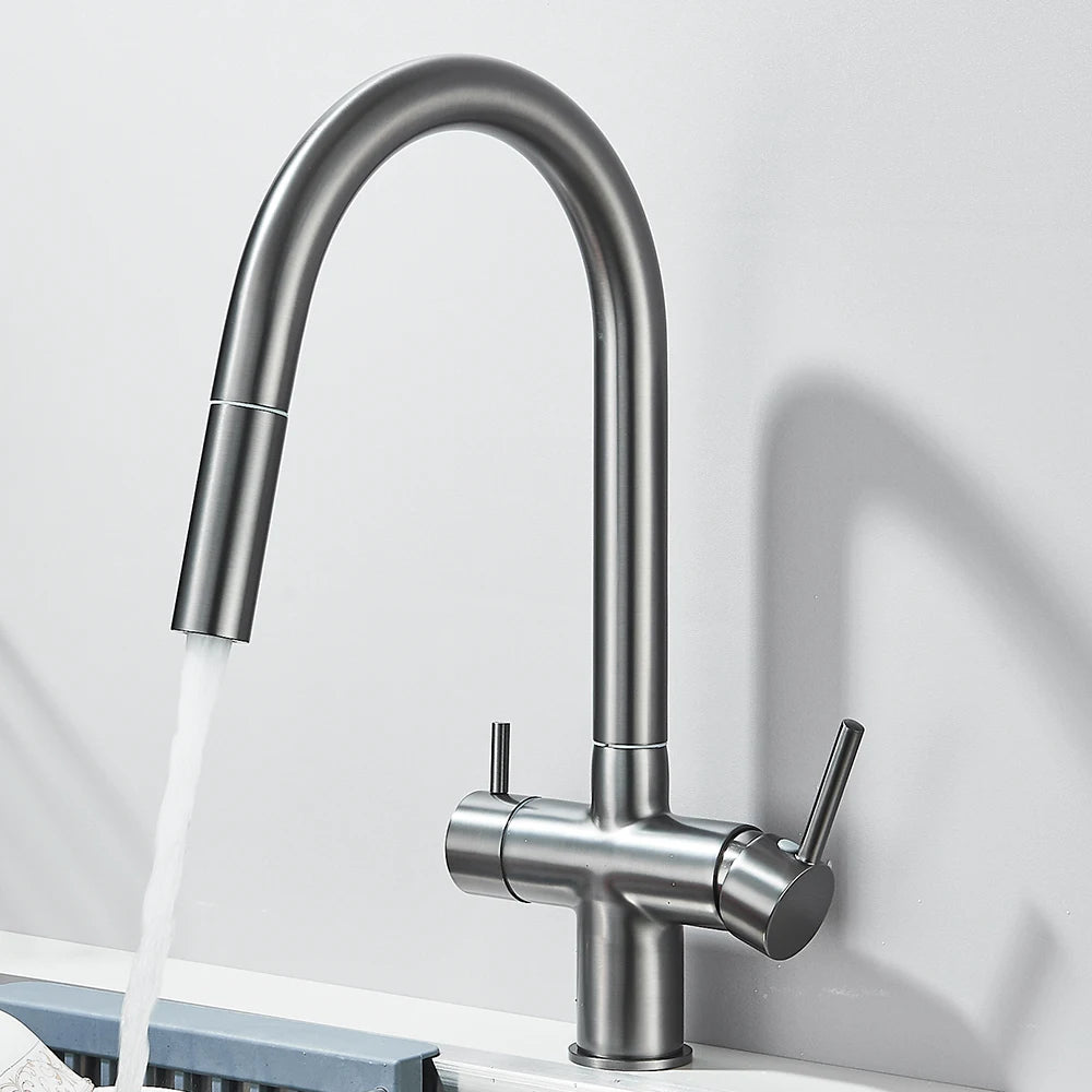 Filtered Kitchen Sink Faucet With Retractable Sprayer Brass Water Filter Tap Drinking Water Tap Vessel Sink Mixer For Kitchen