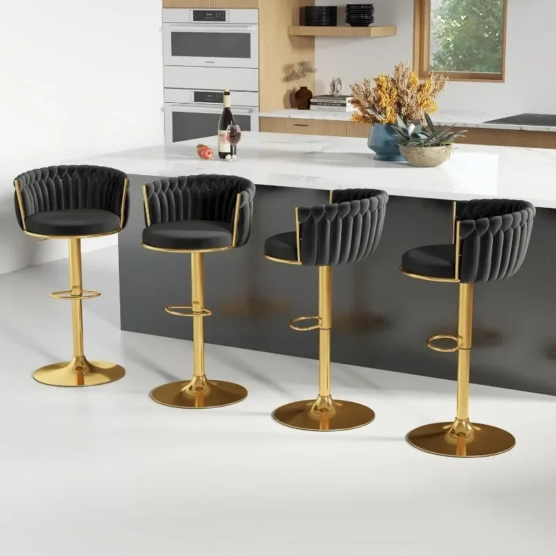 Bar Stool Set of 4, Velvet Swivel Barstools, Height Adjustable Counter Stools with Woven Backrest, Upholstered Modern
