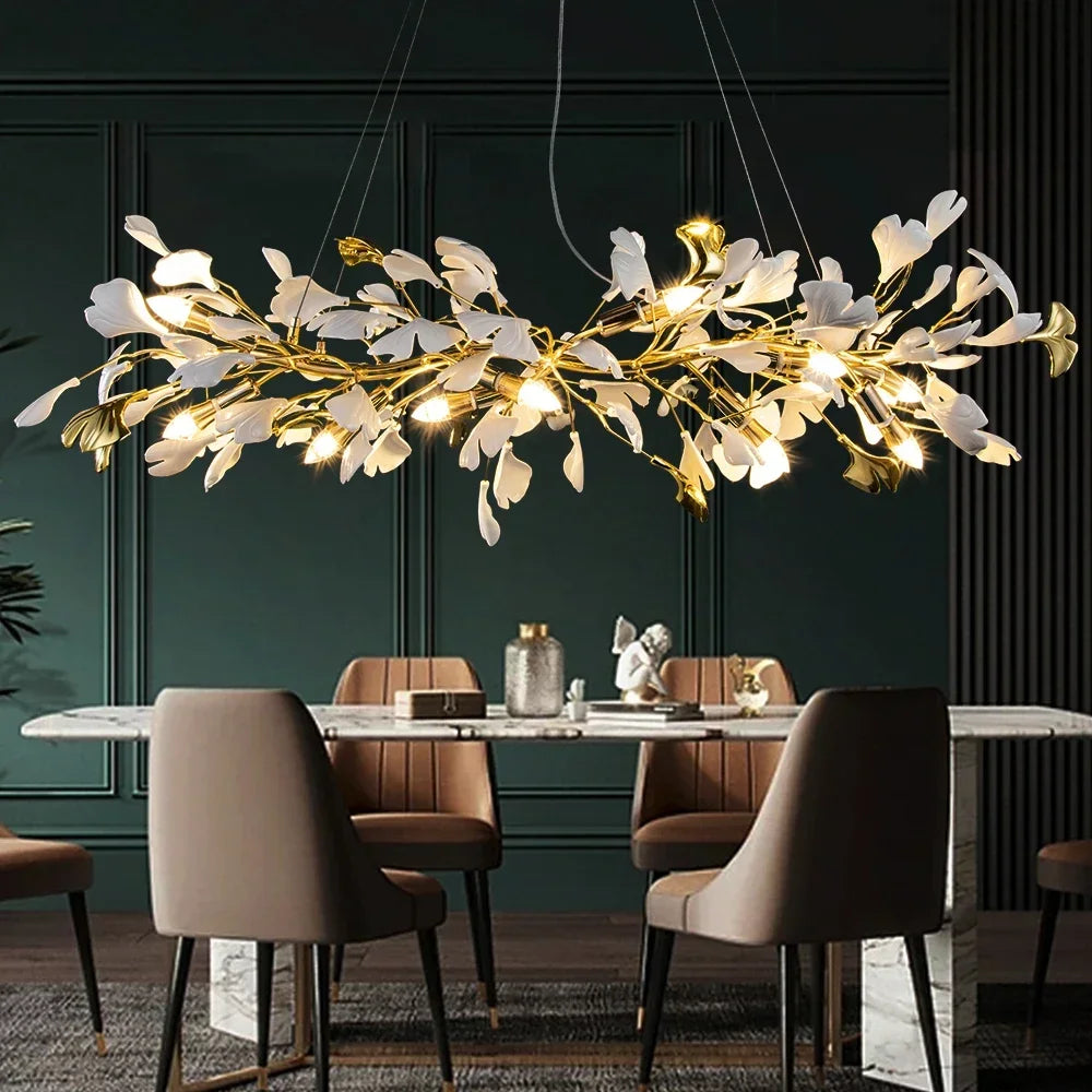 Round Ginko Leaf Chandelier Light For Bedroom Living Dining Room Modern New Porcelain Leaves Pendant Lights Hanging Chandeliers