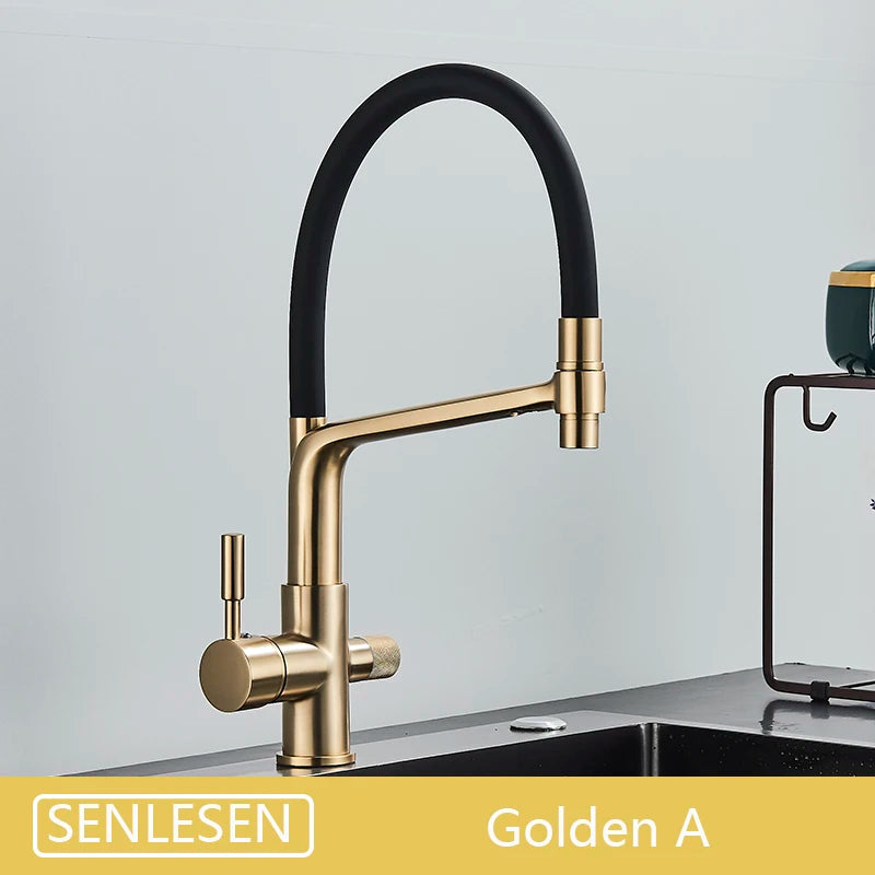 Brushed Golden Kitchen Sink Faucet Pure Water Filter Mixer Crane Dual Handle Pull Down Purification Kitchen Hot Cold Water Tap