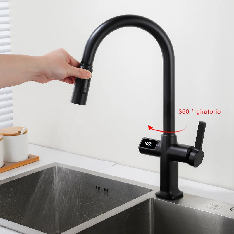 OXG Black Kitchen Faucet Gourmet Faucet Kitchen Pull Out Kitchen Sink Faucet Digital Display Function Rotatable Kitchen Taps