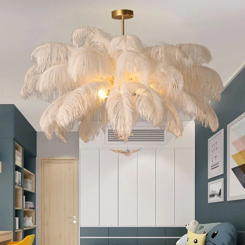 Nordic White Ostrich Feather Pendant Light Modern Led Ceiling Chandelier for Living Dining Room Children's Bedroom Hanghing Lamp