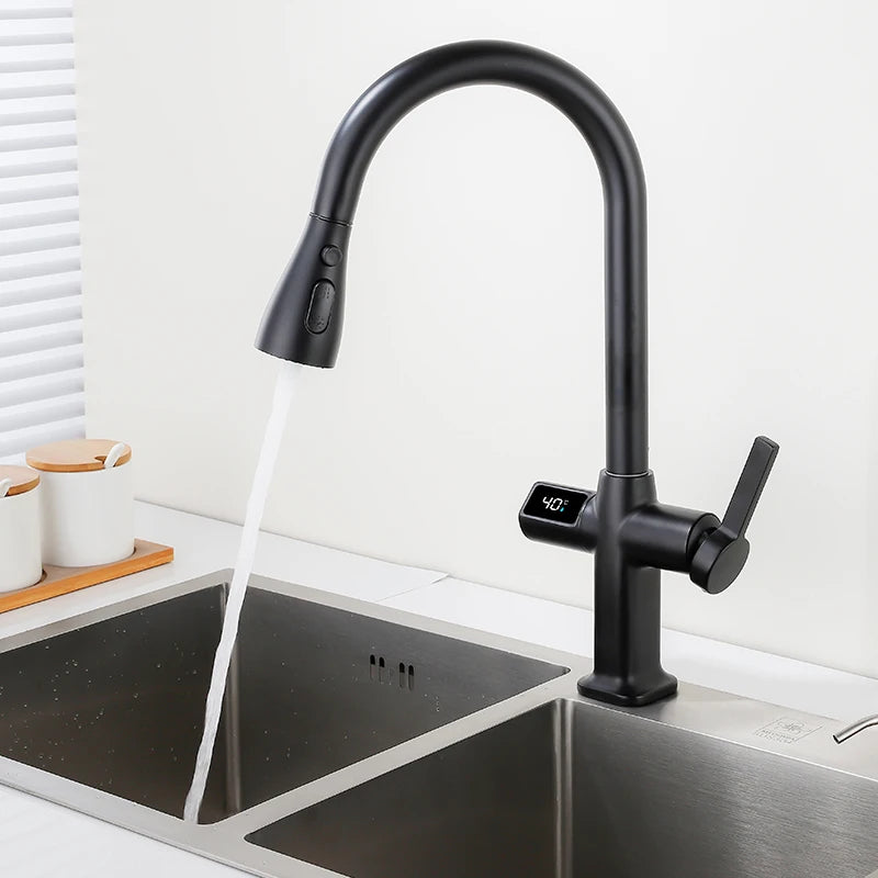 OXG Black Kitchen Faucet Gourmet Faucet Kitchen Pull Out Kitchen Sink Faucet Digital Display Function Rotatable Kitchen Taps