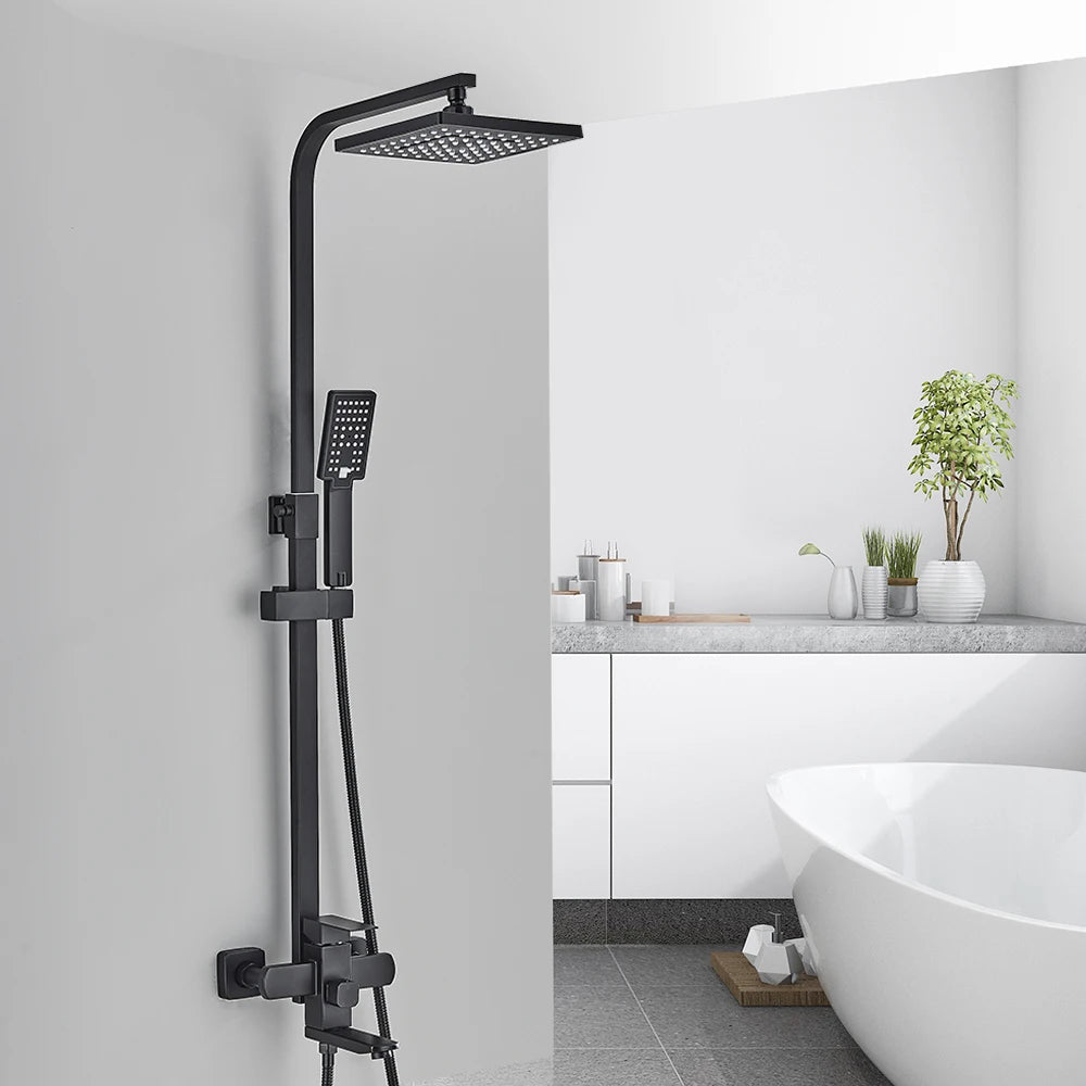 Matte Black Rainfall Shower Faucet Set 8 Inch Showerhead High Pressure Stainless Steel Bathtub Rotate Spout Bath Shower Mixer