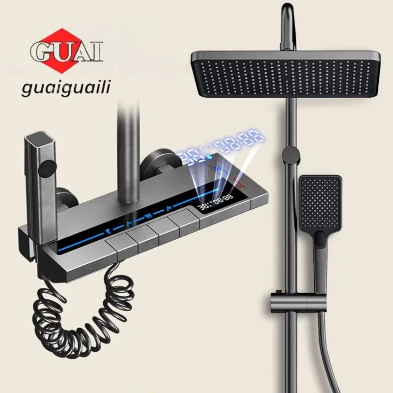 Space Aluminum Shower System,LED display Matte Gray Pressurized Shower Bath Shower Set Home Bathroom Drizzle System Set