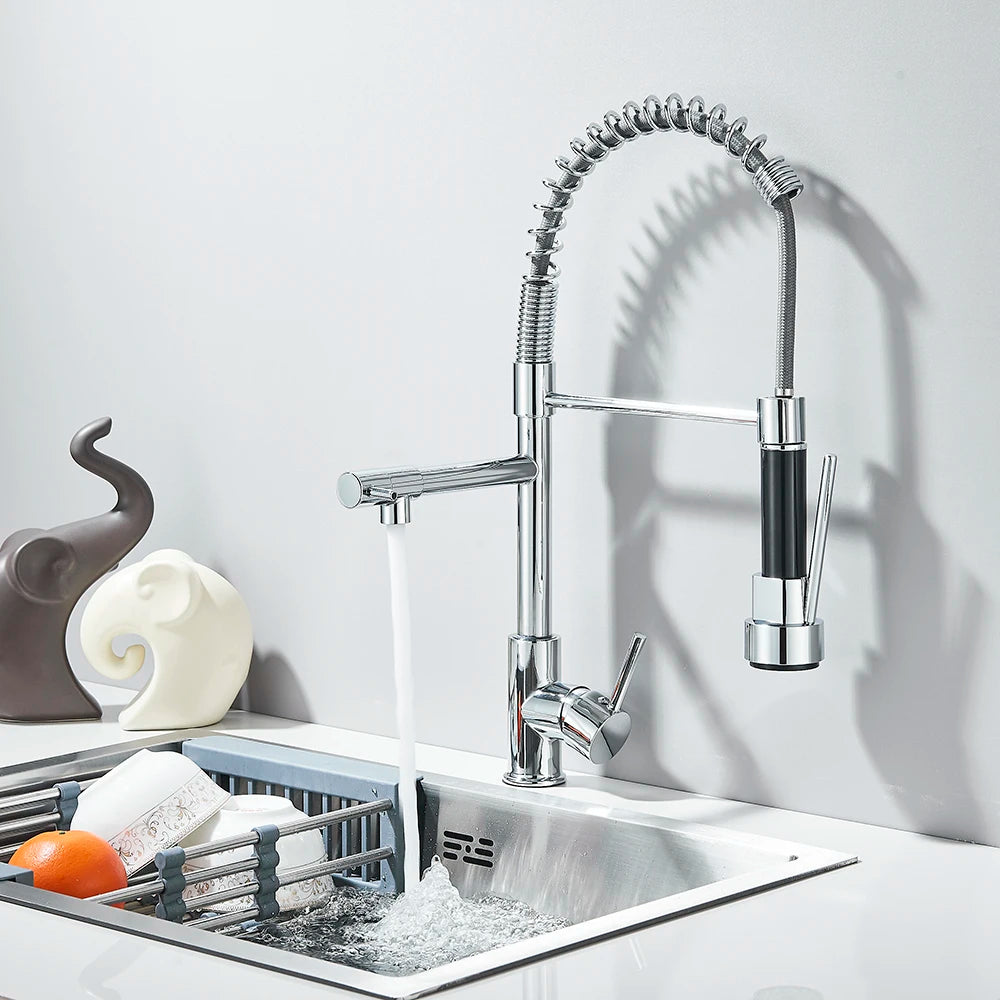 Matte Black Removable Gourmet Kitchen Faucet Double Spout Rotatable Deck Mount Single Handle Cold Hot Water Mixer Kitchen Crane