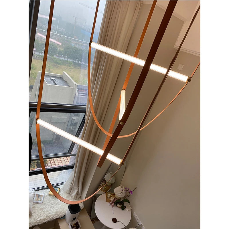 Postmodern Leather Belt Chandelier Living Room Villa Building Coffee Restaurant Glass Tube Designer Chandelier