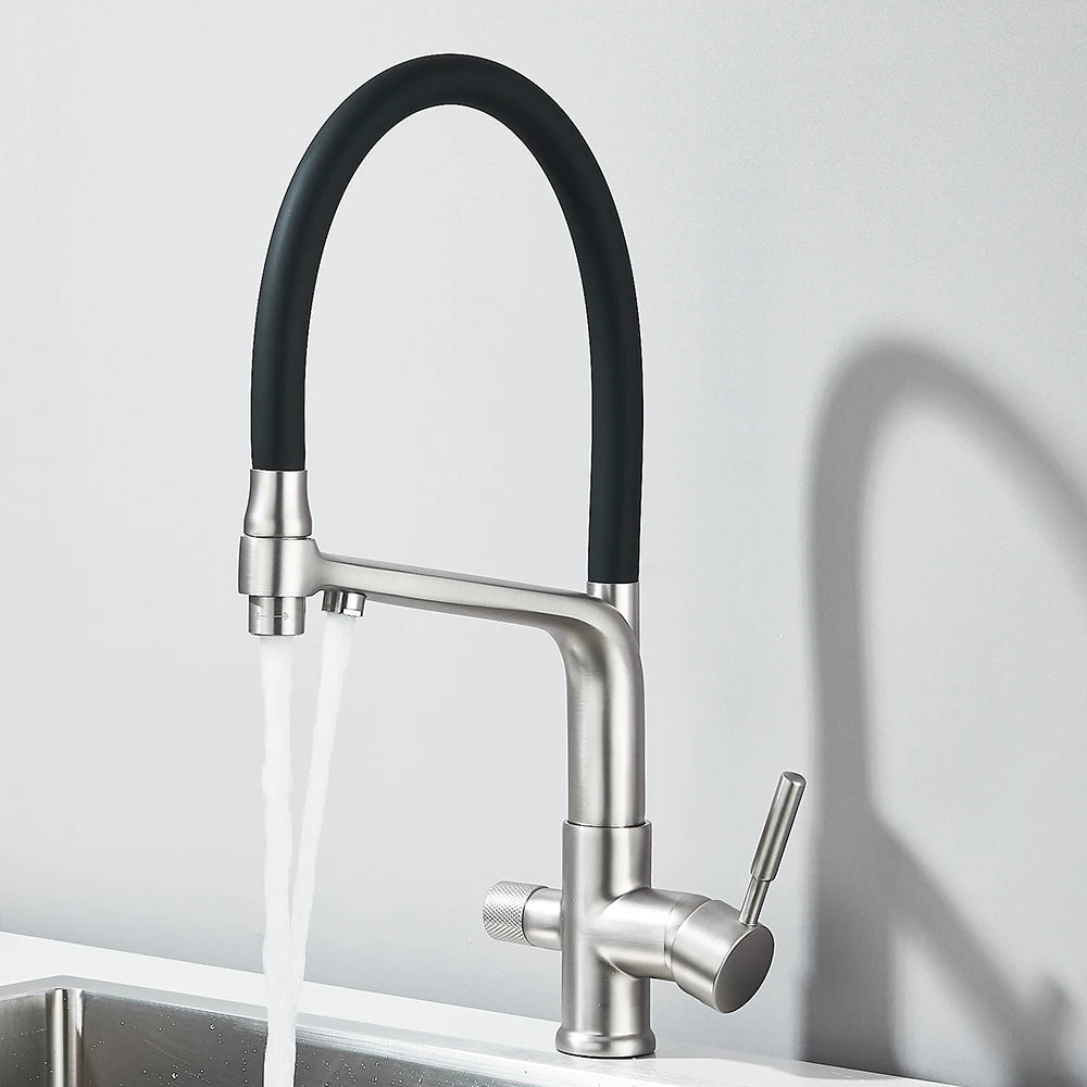 Brushed Gold Kitchen Faucet Filtered Water Dual Spout Purification Feature Kitchen Tap 360 Rotation Water Crane For Kitchen