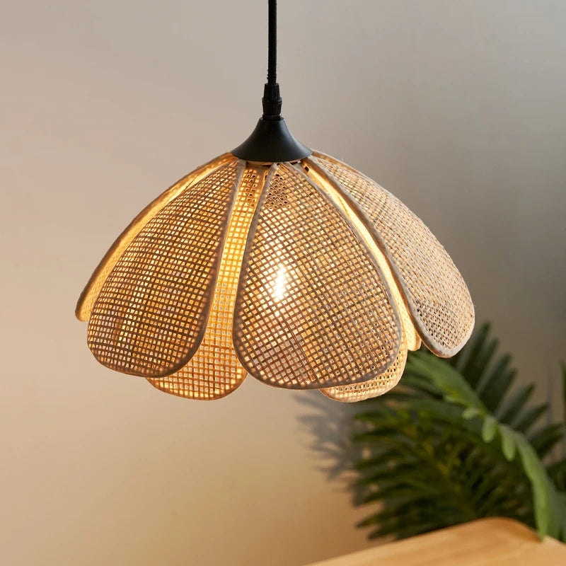IWHD Rattan Wicker Petal LED Pendant Lights Fixtures Home Indoor Decor Bedroom Dining Living Room Light Japanese Style Hanglamp