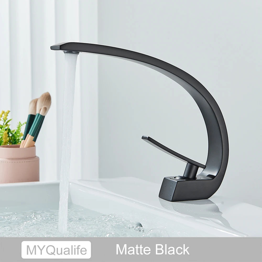 MYQualife Creative Design Brushed Gold Basin Faucet Washing Basin Mixer Deck Mounted Cold and Hot Bathroom Faucet